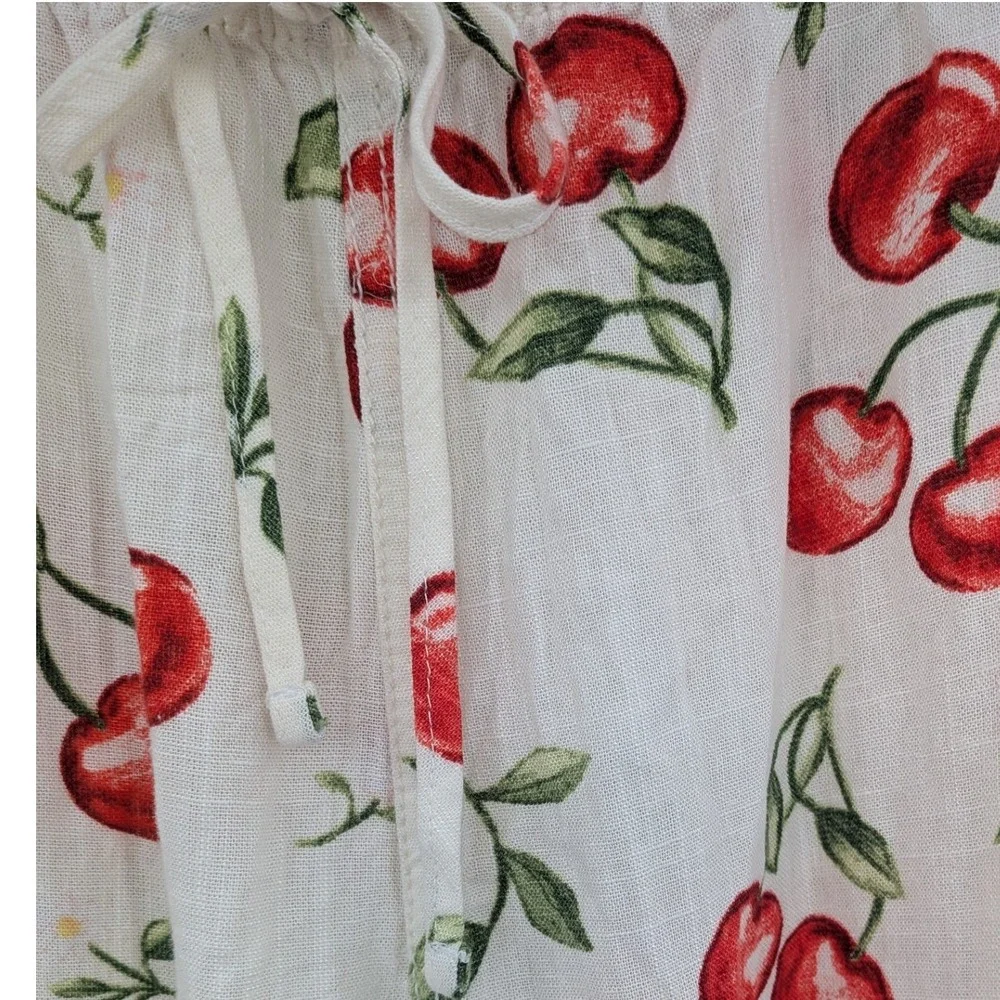 Boho Resortwear Cherry Linen Blend Wide Leg Cream Red Drawstring Fruit XL Pants